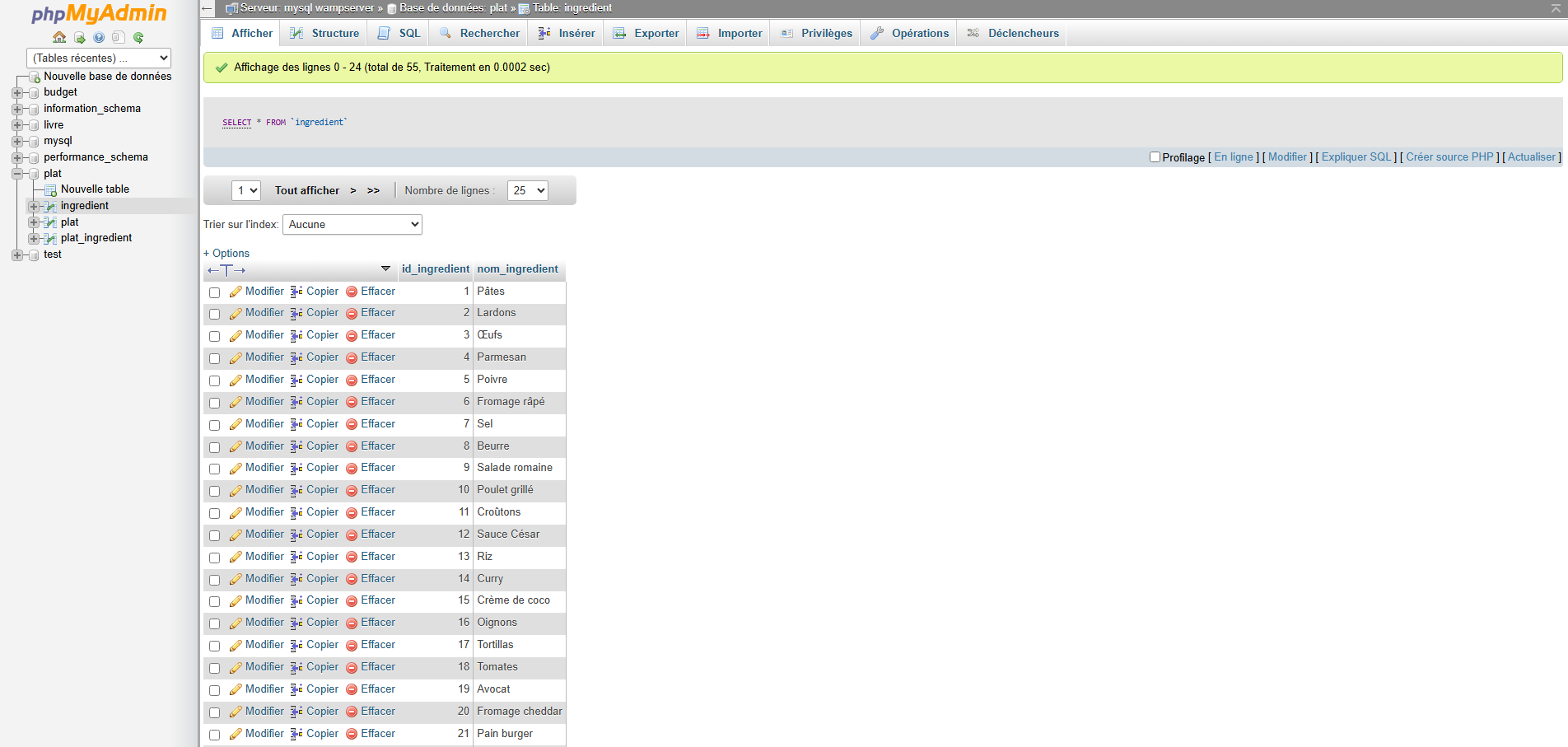 Table de liaison plat-ingredient